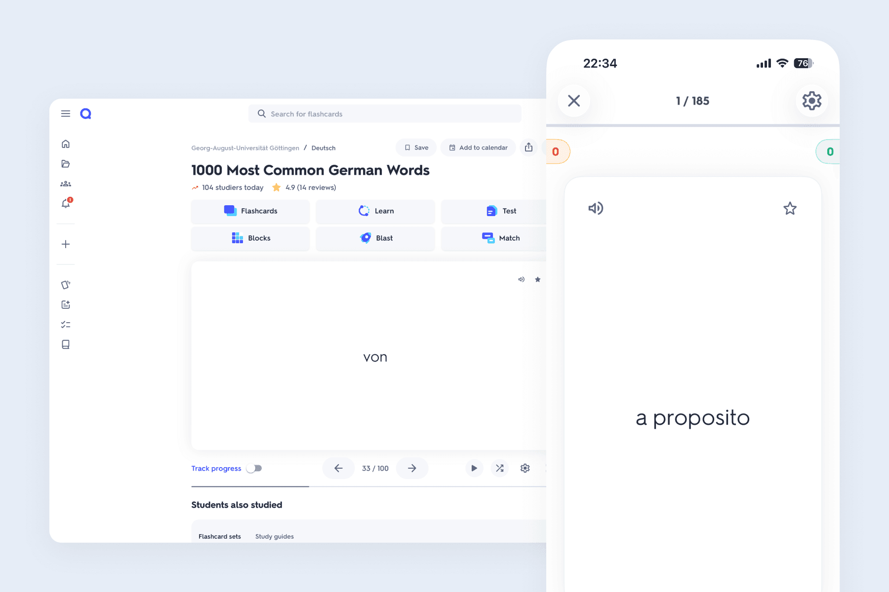 Pantallas de conjunto de flashcards y sesión de estudio móvil de Quizlet