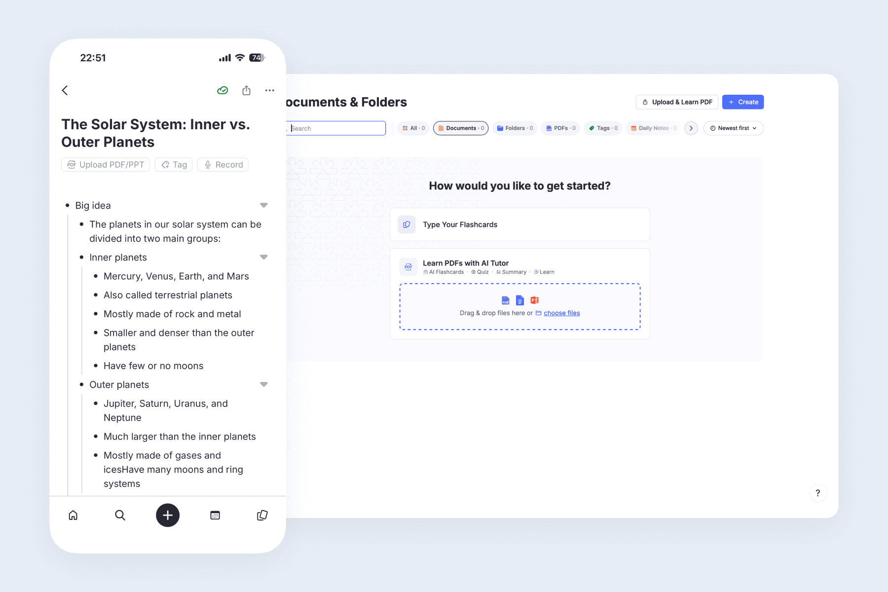 Interfaces de toma de apuntes y generación de flashcards de RemNote en móvil y escritorio