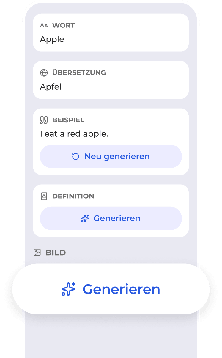 Flexi-Oberfläche zum Erstellen von Karten mit Übersetzung, Beispiel, Definition und Bild