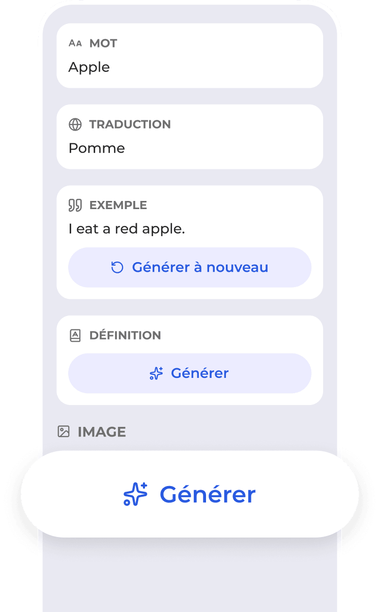 Interface de génération de cartes Flexi avec champs de traduction, d’exemple, de définition et d’image