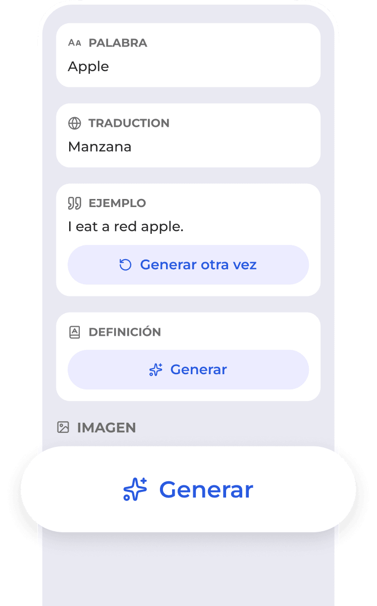 Interfaz de generación de tarjetas de Flexi con campos de traducción, ejemplo, definición e imagen