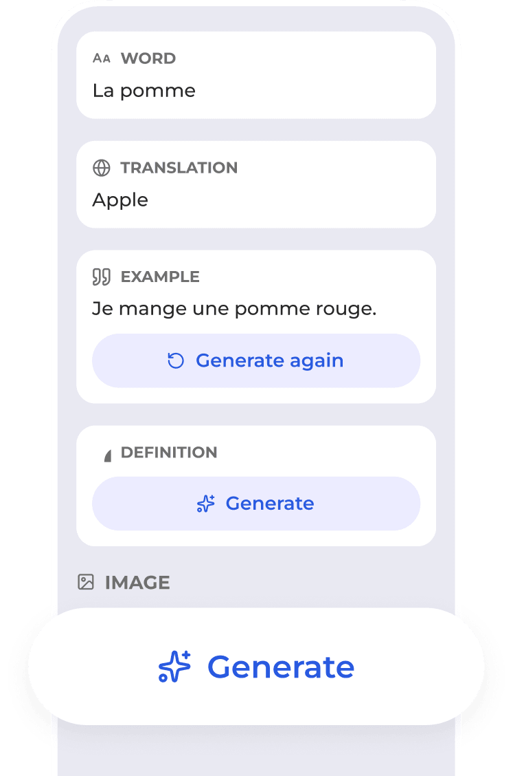 Flexi flashcard generation interface with AI fields for translation, examples, definition, and image